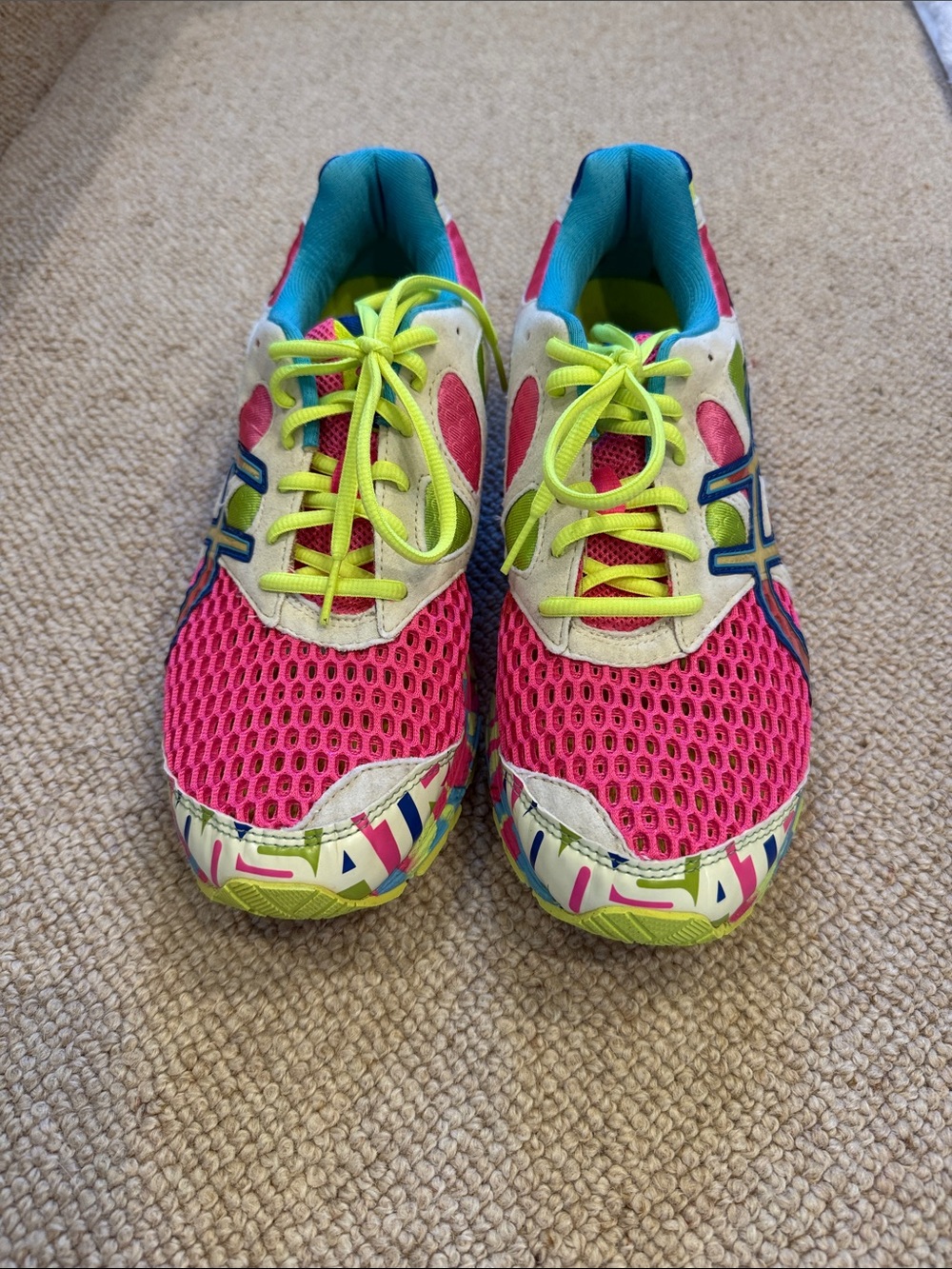 Asics Bright Pink Mesh Sneakers with Neon Yellow Laces and Teal Lining